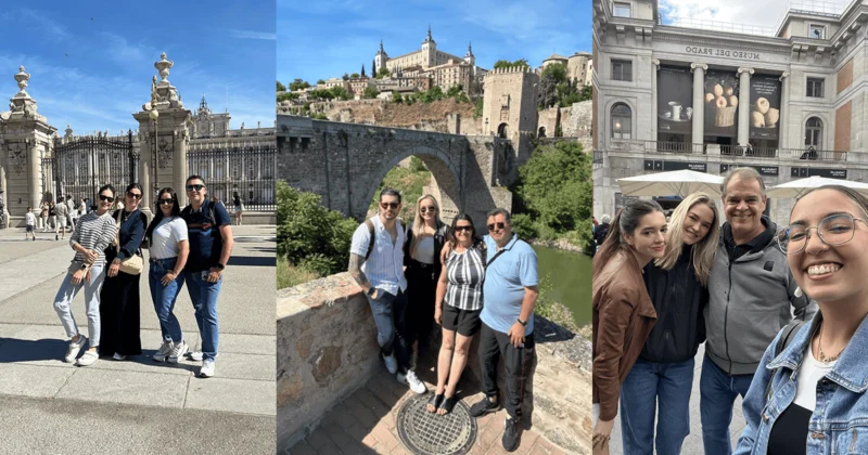 turistas em madrid e outras cidades da Espanha com guias brasileiros. Da esquerda para a
direita, turistas em frente ao palácio, turistas em Toledo e em frente ao museu de Madrid.